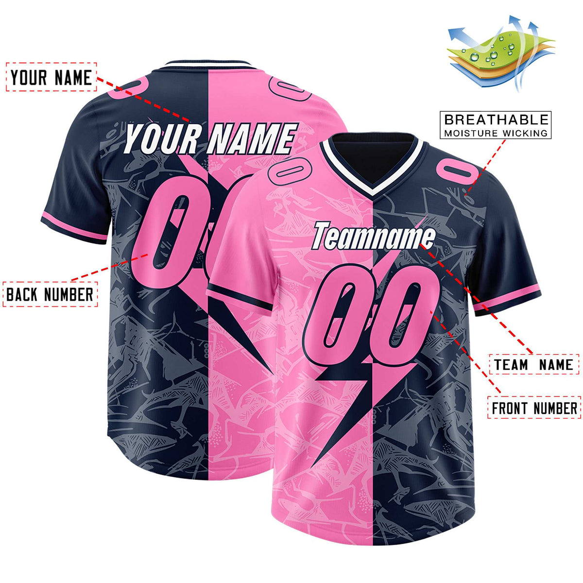 Custom Navy Pink Split Personalized Lightning Pattern American Football Jersey