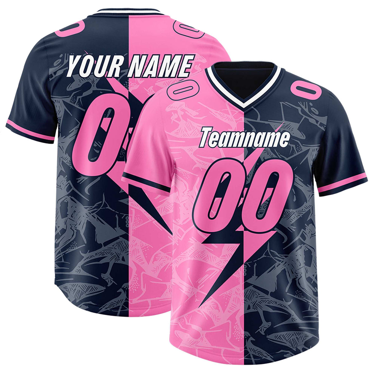 Custom Navy Pink Split Personalized Lightning Pattern American Football Jersey