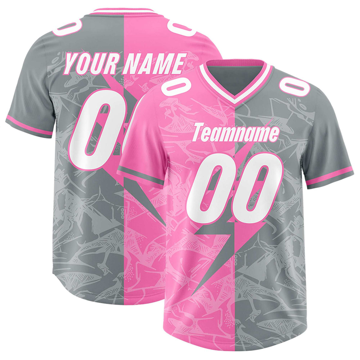 Custom Gray Pink Split Personalized Lightning Pattern American Football Jersey