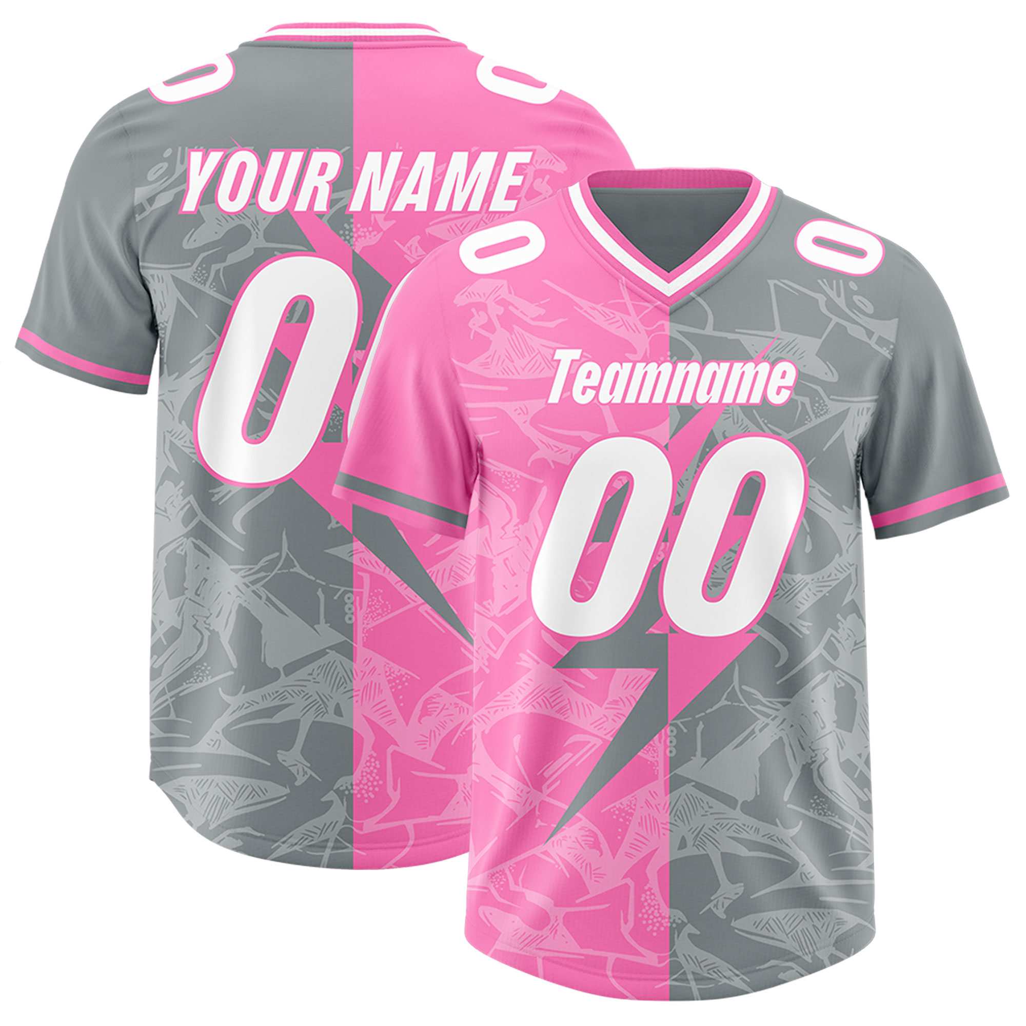 Custom Gray Pink Split Personalized Lightning Pattern American Football Jersey