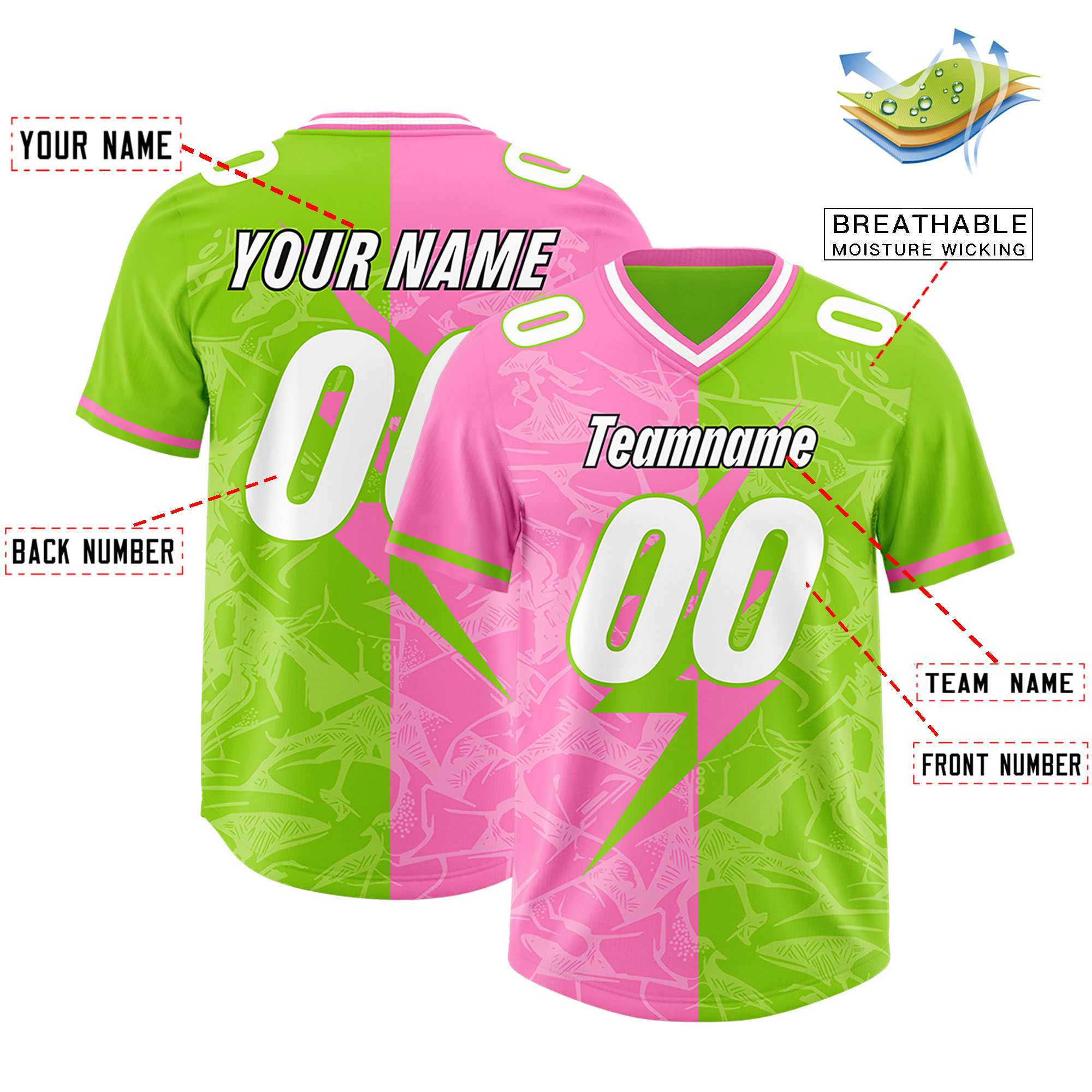 Custom Neon Green Pink Split Personalized Lightning Pattern American Football Jersey