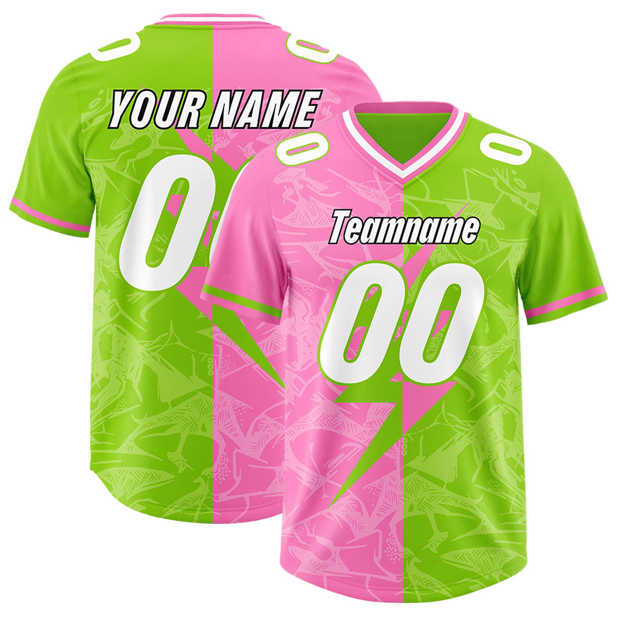 Custom Neon Green Pink Split Personalized Lightning Pattern American Football Jersey