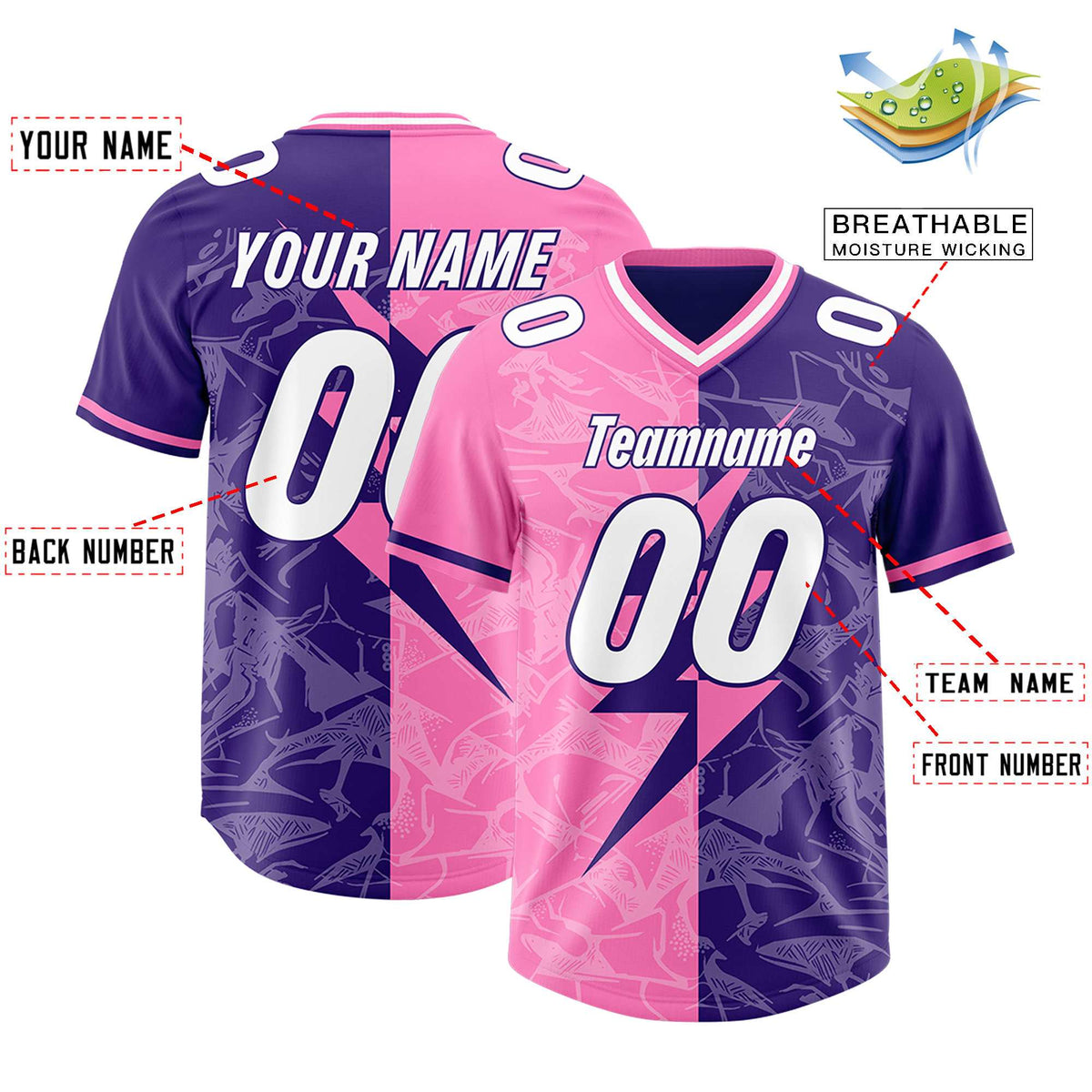 Custom Purple Pink Split Personalized Lightning Pattern American Football Jersey