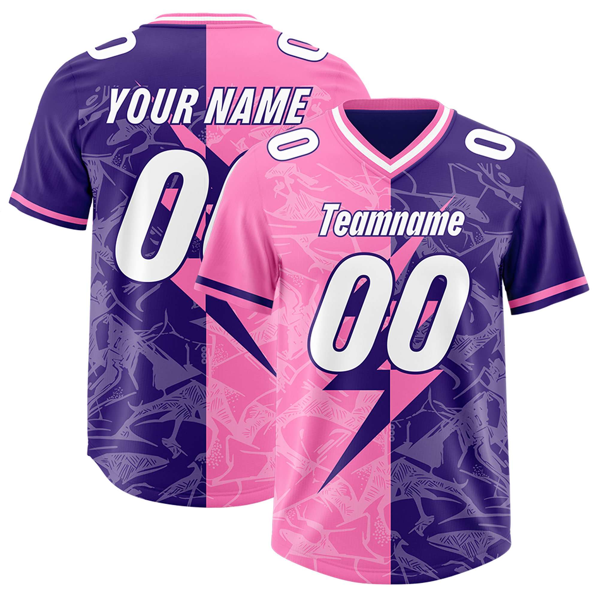 Custom Purple Pink Split Personalized Lightning Pattern American Football Jersey