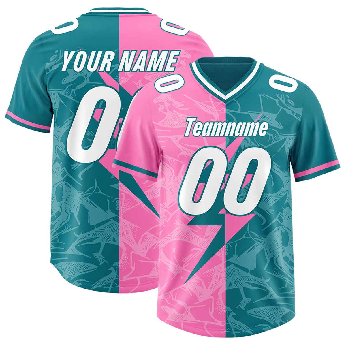Custom Aqua Pink Split Personalized Lightning Pattern American Football Jersey