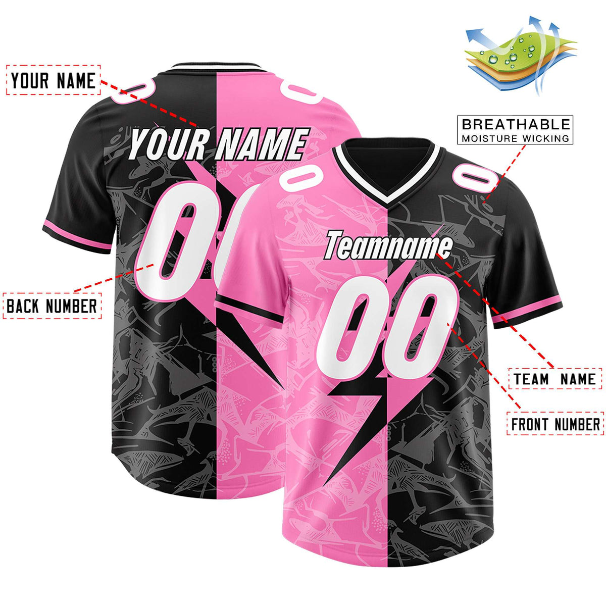 Custom Black Pink Split Personalized Lightning Pattern American Football Jersey