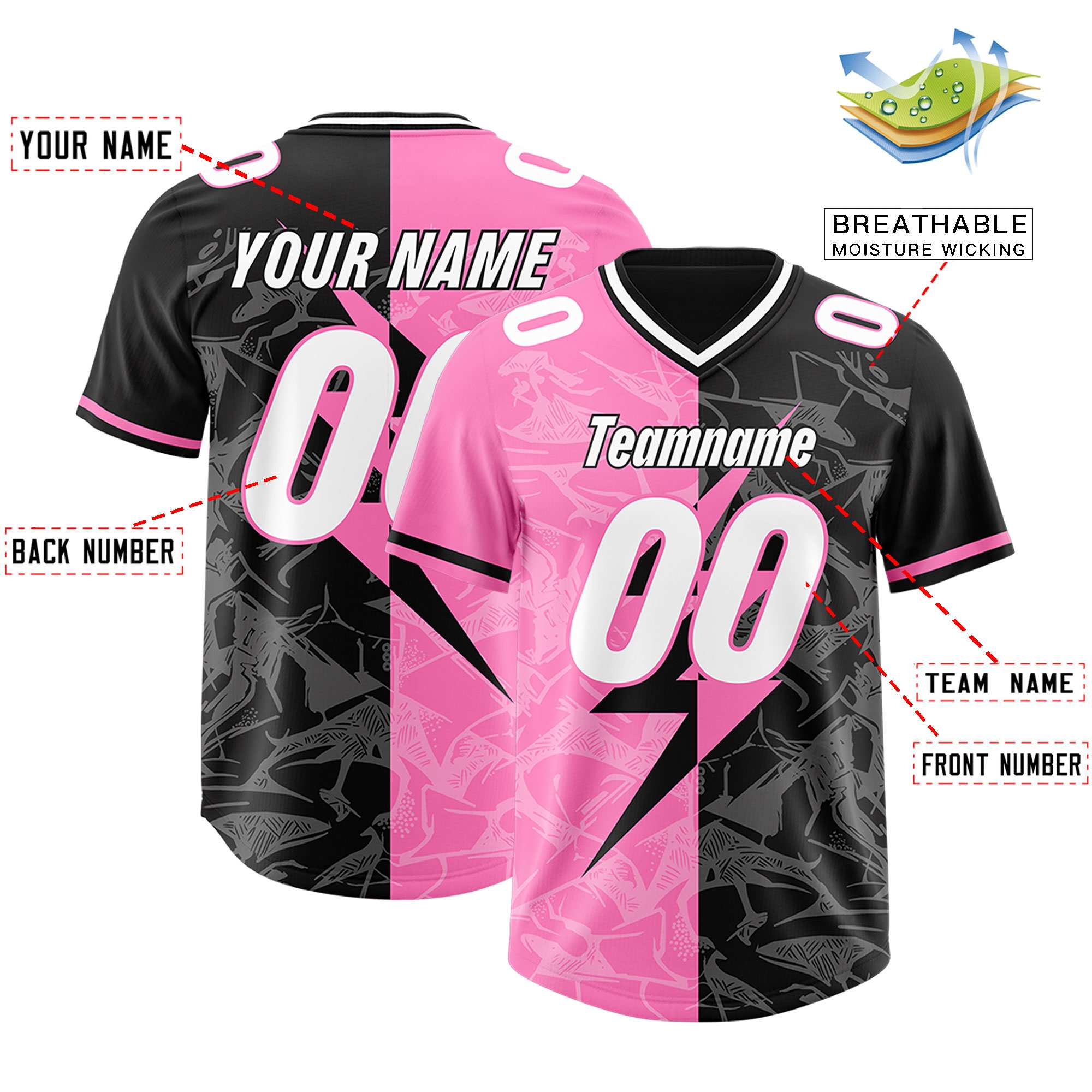 Custom Black Pink Split Personalized Lightning Pattern American Football Jersey