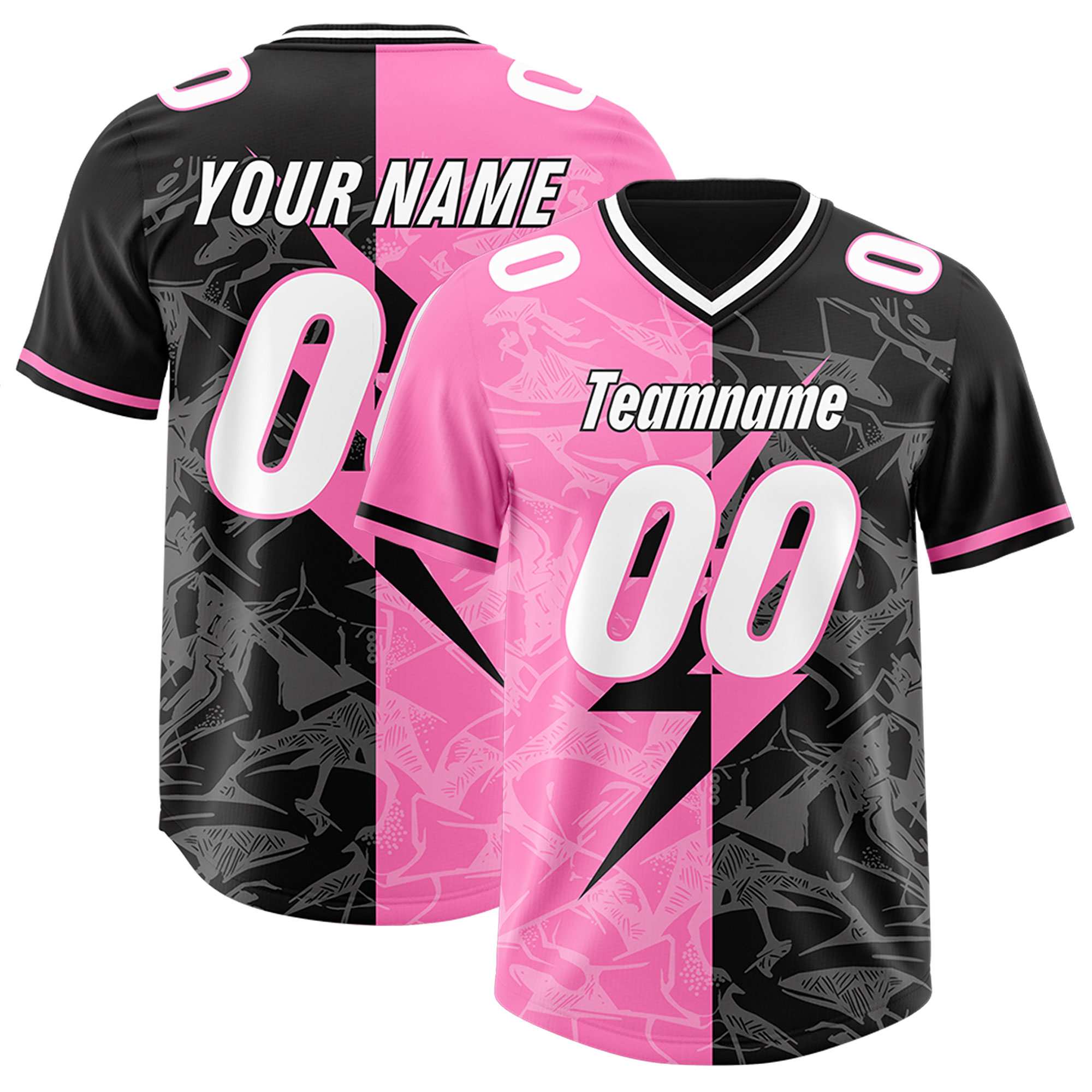 Custom Black Pink Split Personalized Lightning Pattern American Football Jersey