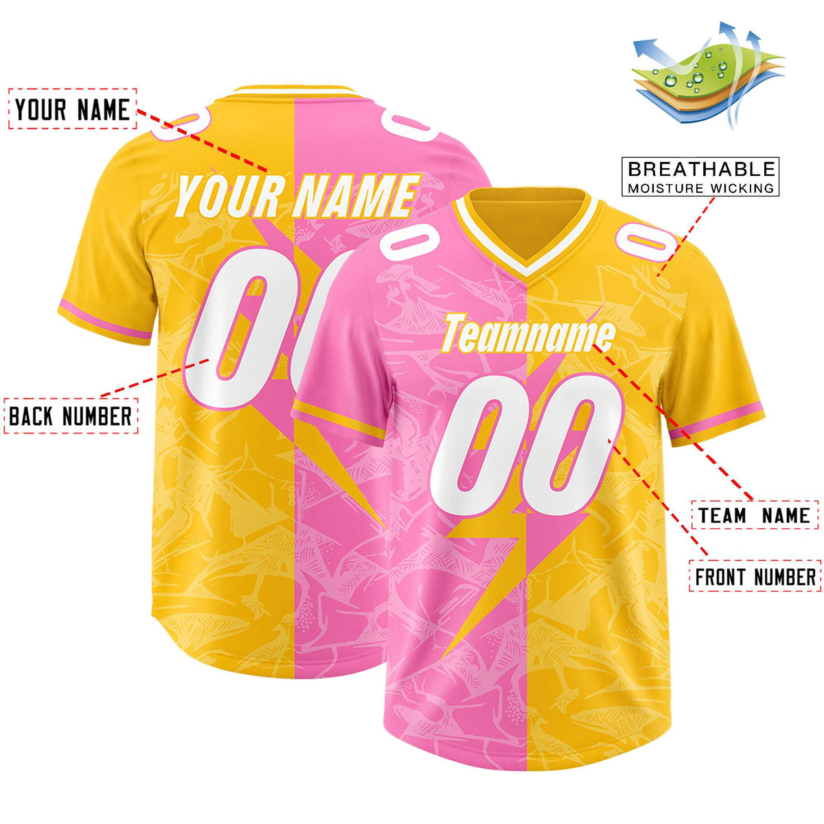 Custom Yellow Pink Split Personalized Lightning Pattern American Football Jersey