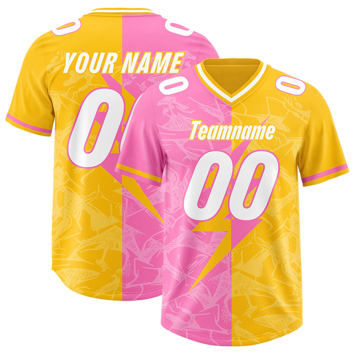 Custom Yellow Pink Split Personalized Lightning Pattern American Football Jersey