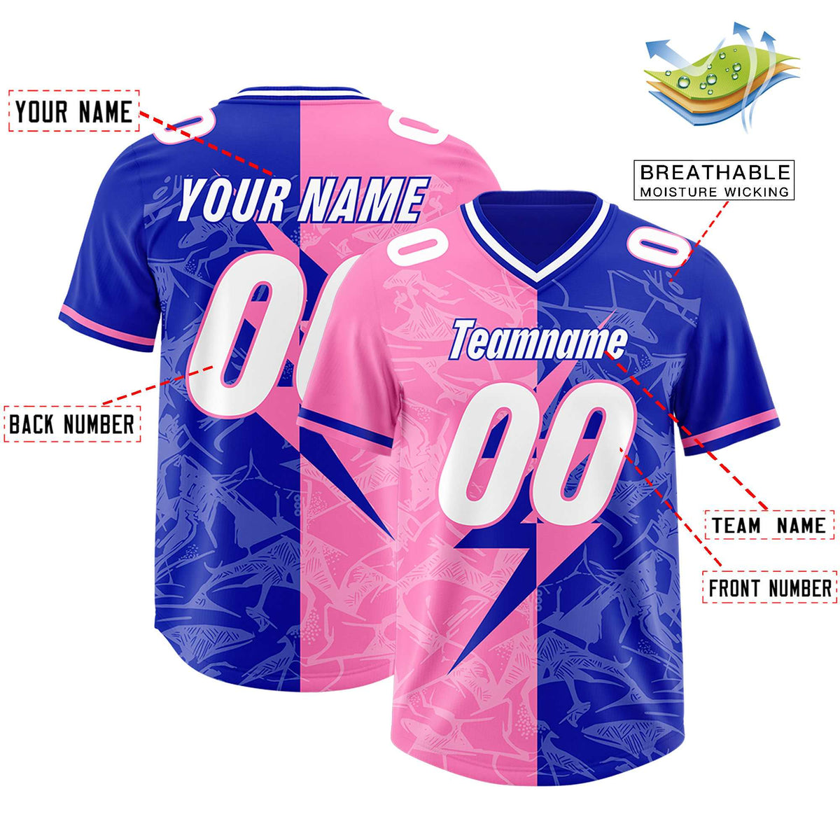Custom Royal Pink Split Personalized Lightning Pattern American Football Jersey