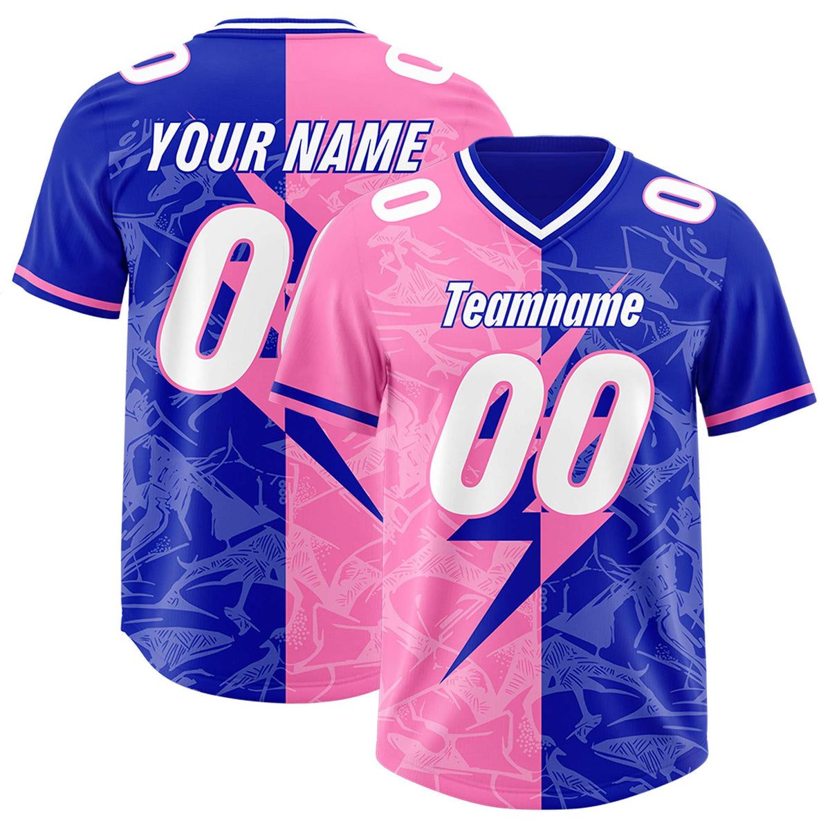 Custom Royal Pink Split Personalized Lightning Pattern American Football Jersey