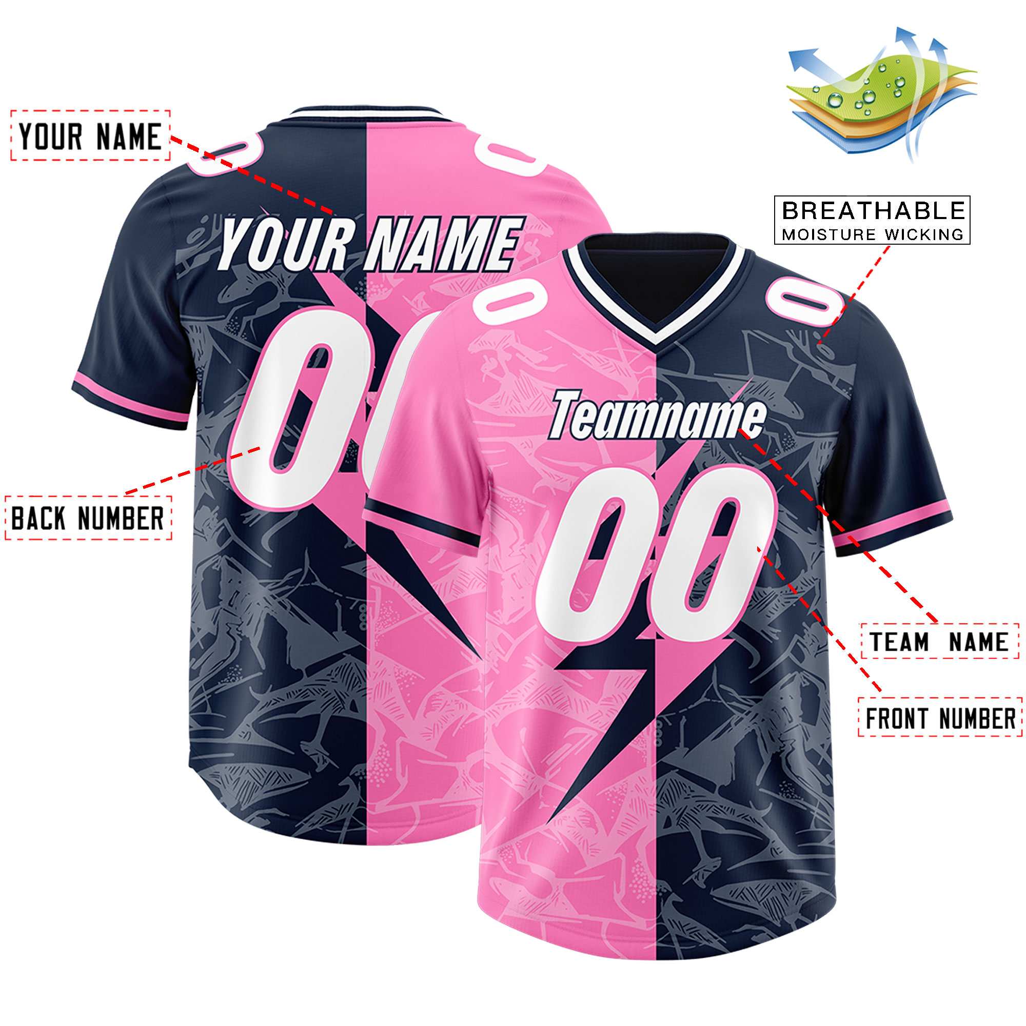 Custom Navy Pink Split Personalized Lightning Pattern American Football Jersey