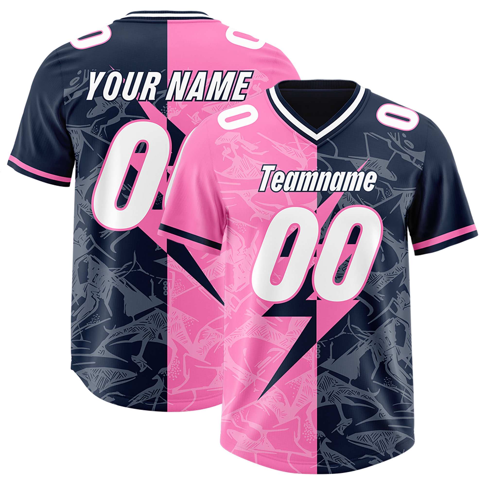 Custom Navy Pink Split Personalized Lightning Pattern American Football Jersey