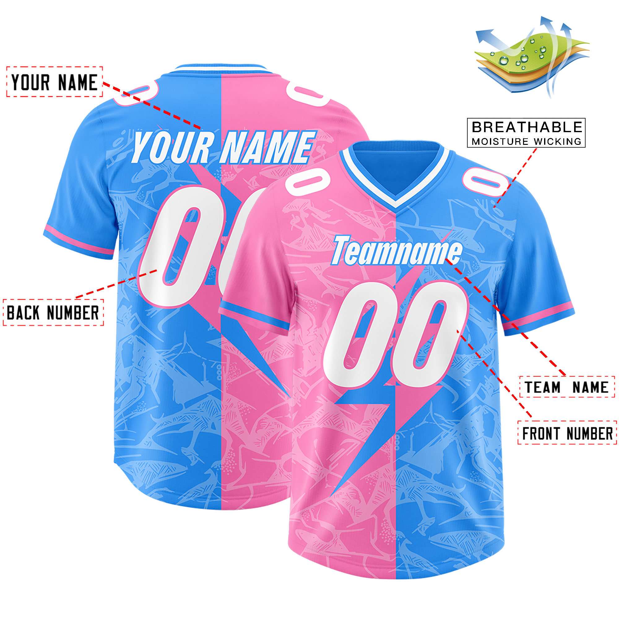Custom Light Blue Pink Split Personalized Lightning Pattern American Football Jersey