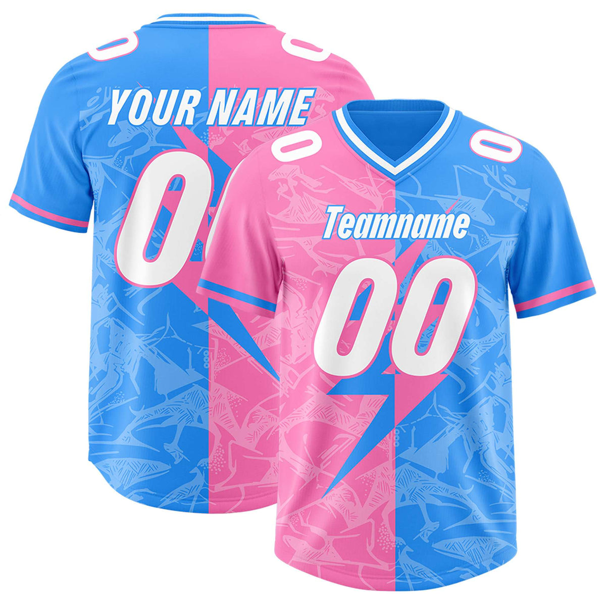 Custom Light Blue Pink Split Personalized Lightning Pattern American Football Jersey