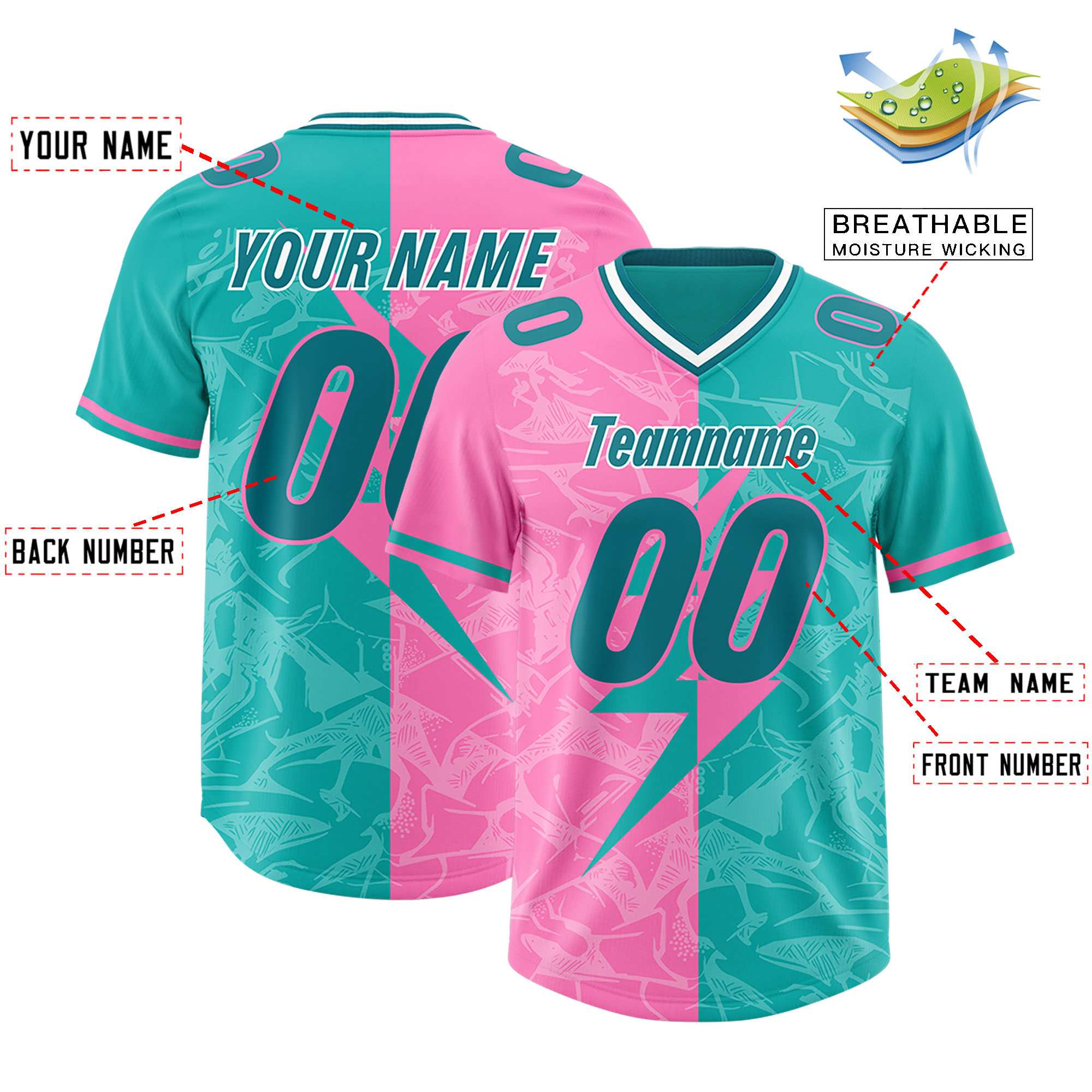 Custom Aqua Pink Split Personalized Lightning Pattern American Football Jersey