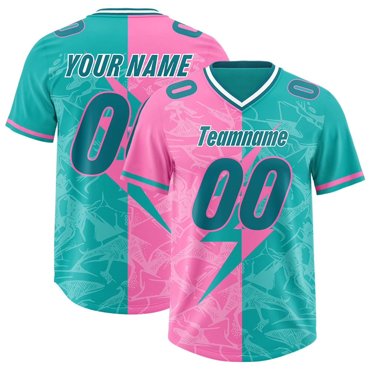Custom Aqua Pink Split Personalized Lightning Pattern American Football Jersey
