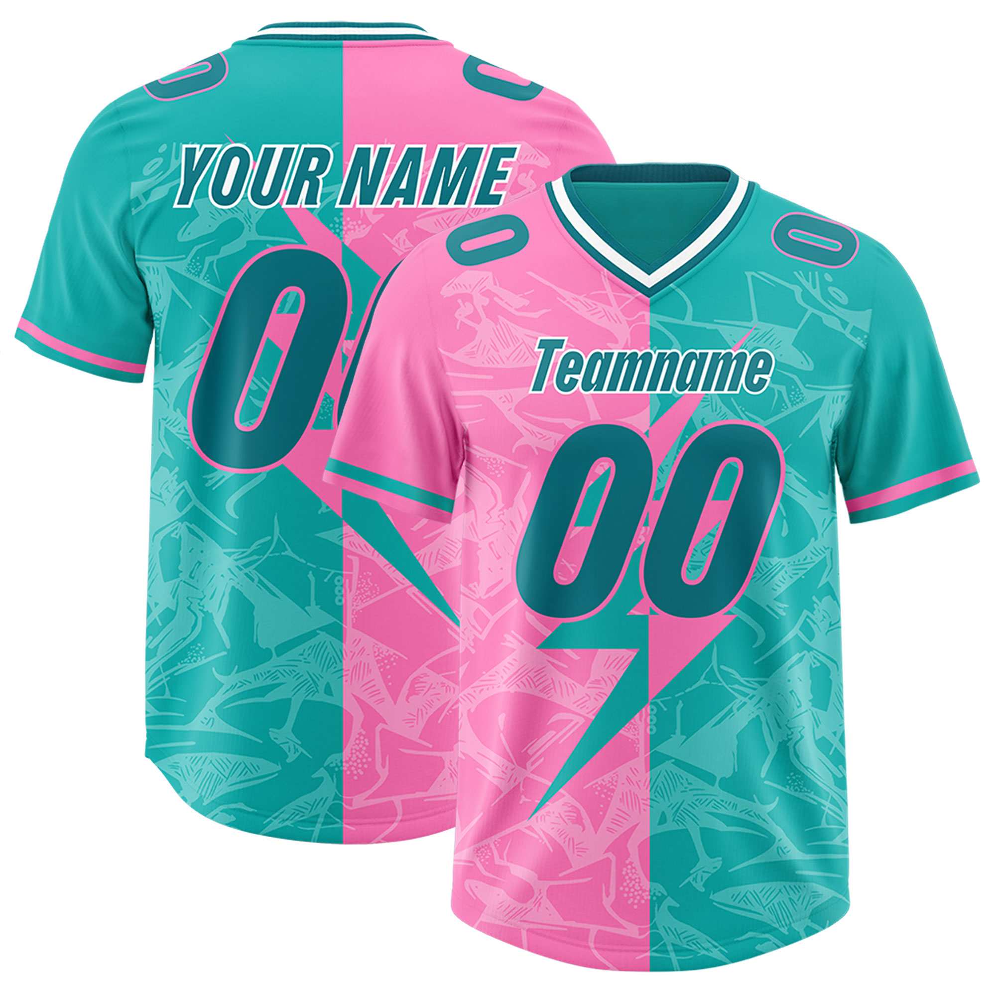 Custom Aqua Pink Split Personalized Lightning Pattern American Football Jersey