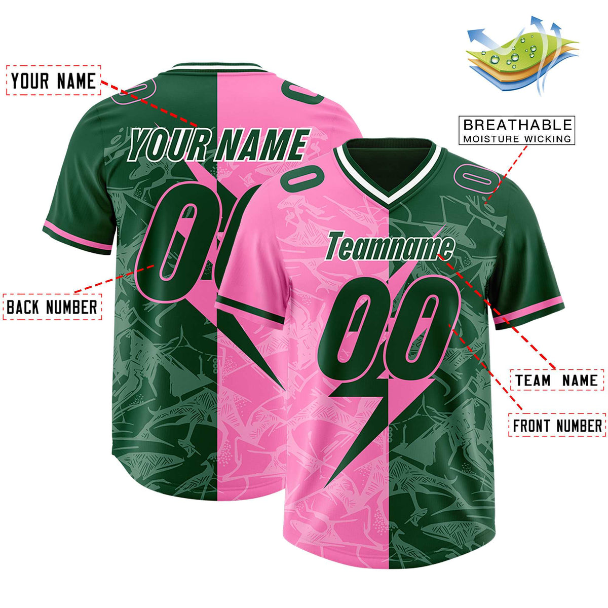 Custom Pink Green Split Personalized Lightning Pattern American Football Jersey