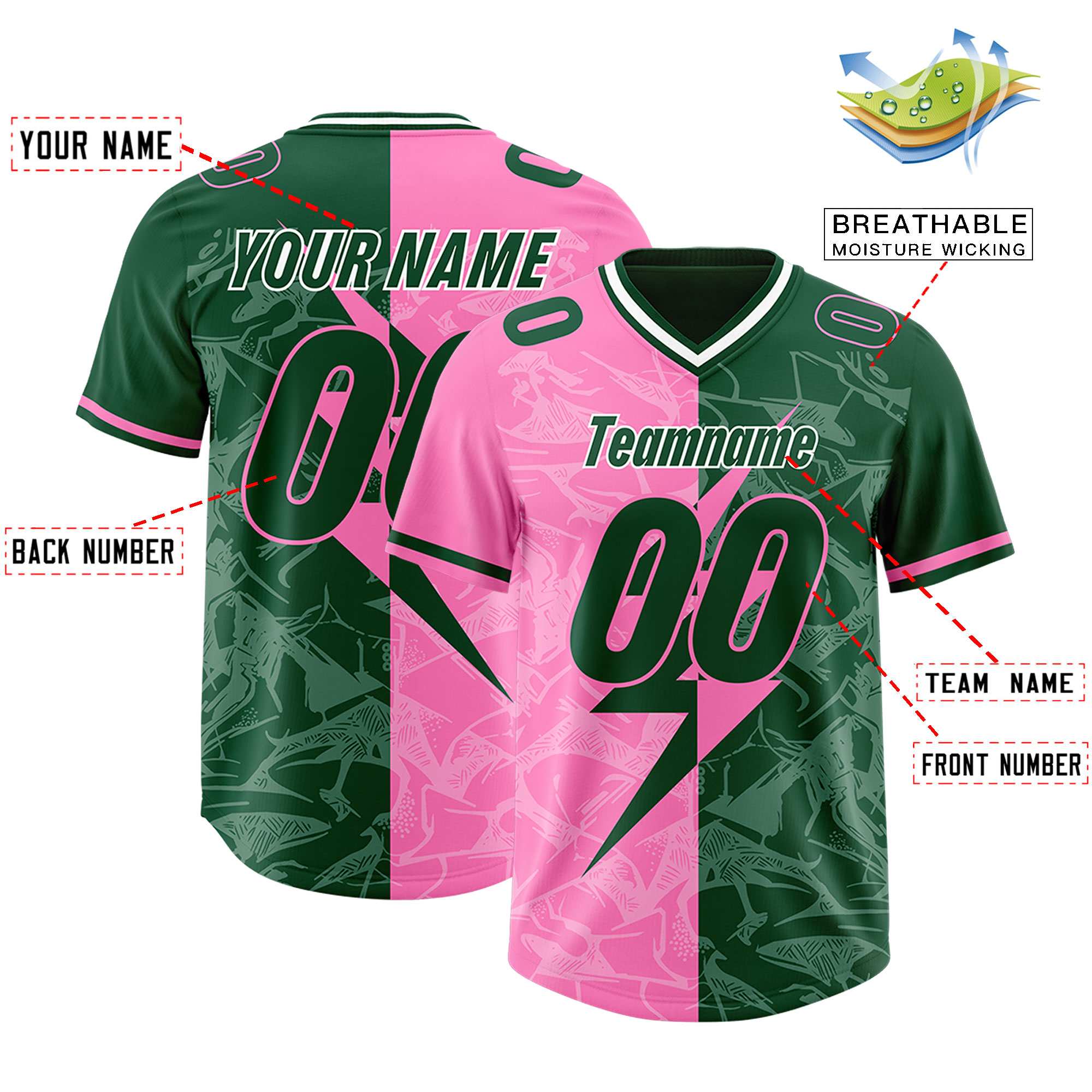Custom Pink Green Split Personalized Lightning Pattern American Football Jersey