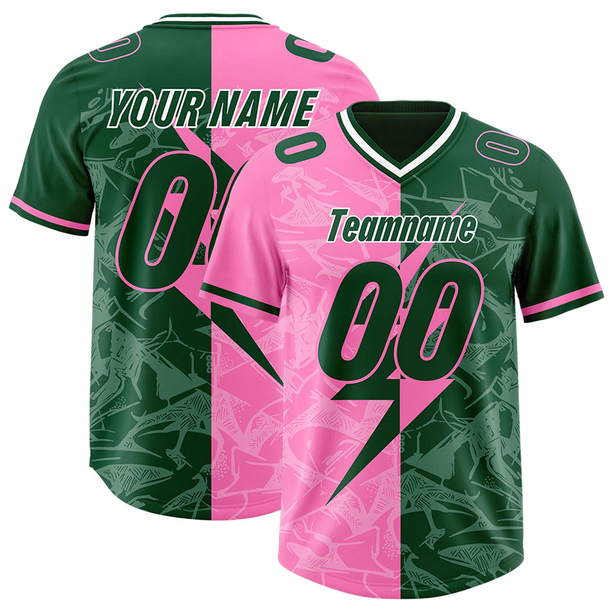 Custom Pink Green Split Personalized Lightning Pattern American Football Jersey