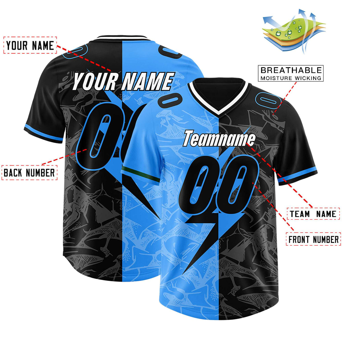 Custom Black Light Blue Split Personalized Lightning Pattern American Football Jersey