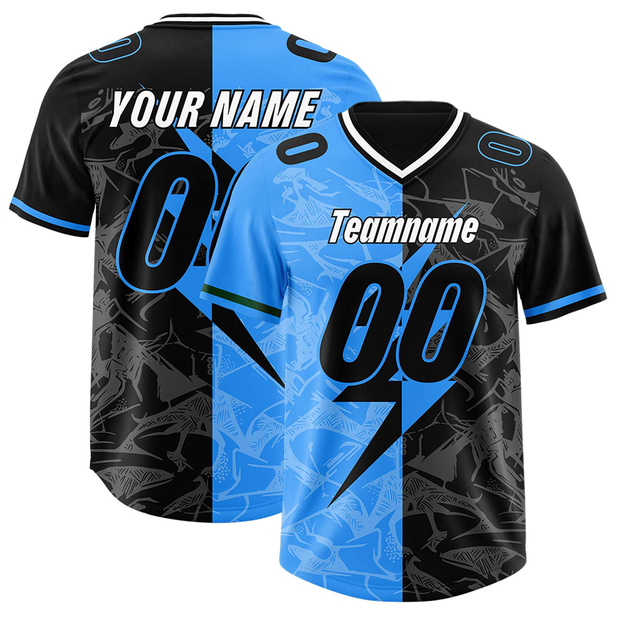 Custom Black Light Blue Split Personalized Lightning Pattern American Football Jersey