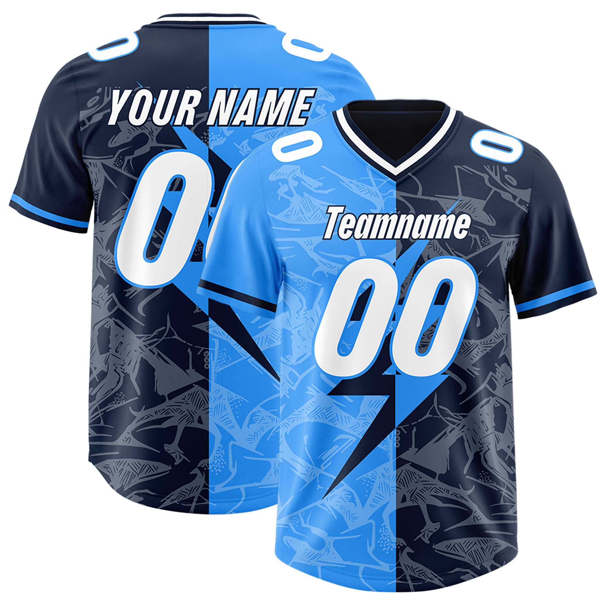 Custom Navy Light Blue Split Personalized Lightning Pattern American Football Jersey