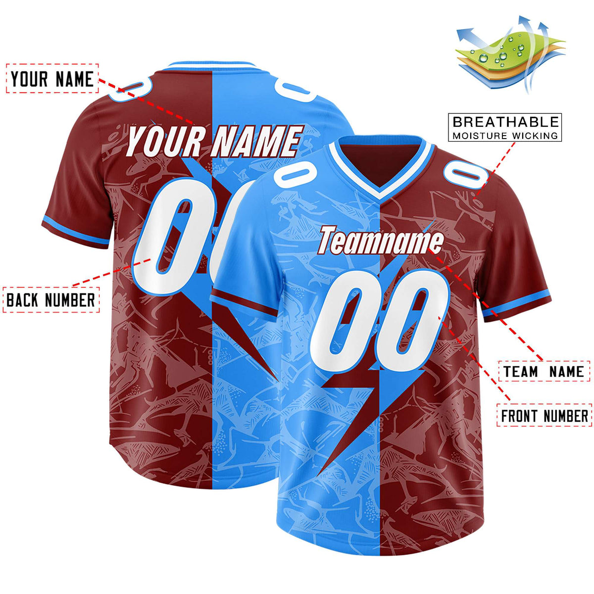 Custom Crimson Light Blue Split Personalized Lightning Pattern American Football Jersey