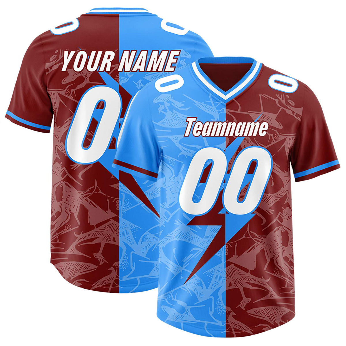 Custom Crimson Light Blue Split Personalized Lightning Pattern American Football Jersey