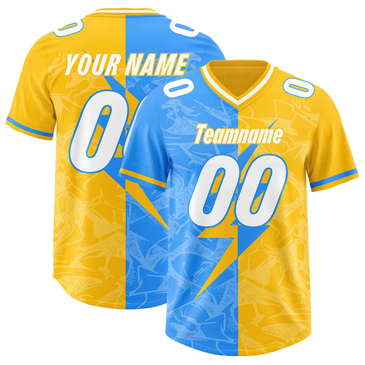 Custom Yellow Light Blue Split Personalized Lightning Pattern American Football Jersey