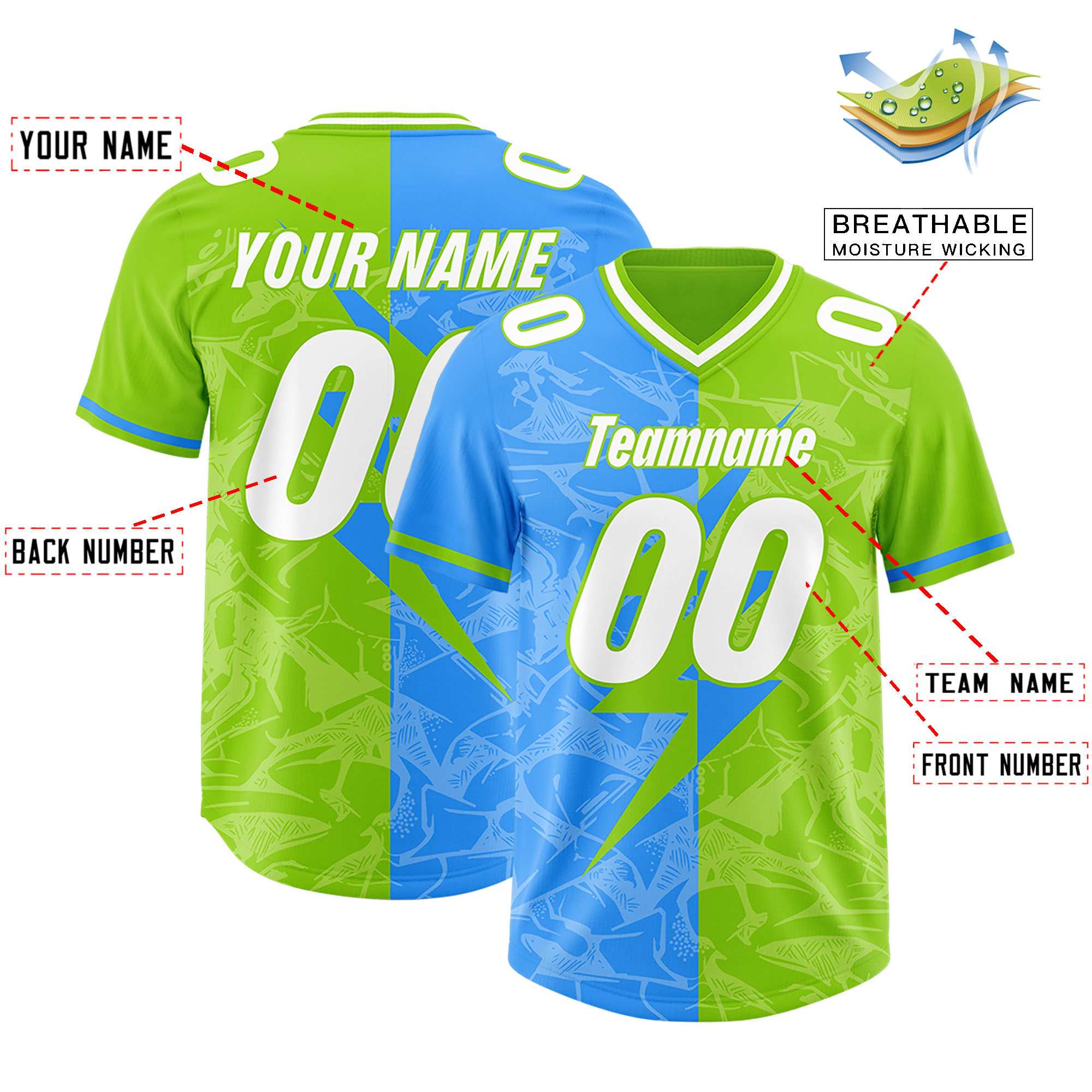 Custom Neon Green Light Blue Split Personalized Lightning Pattern American Football Jersey