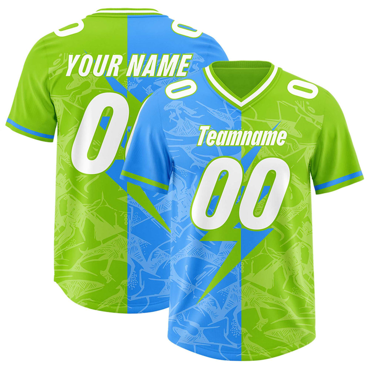 Custom Neon Green Light Blue Split Personalized Lightning Pattern American Football Jersey