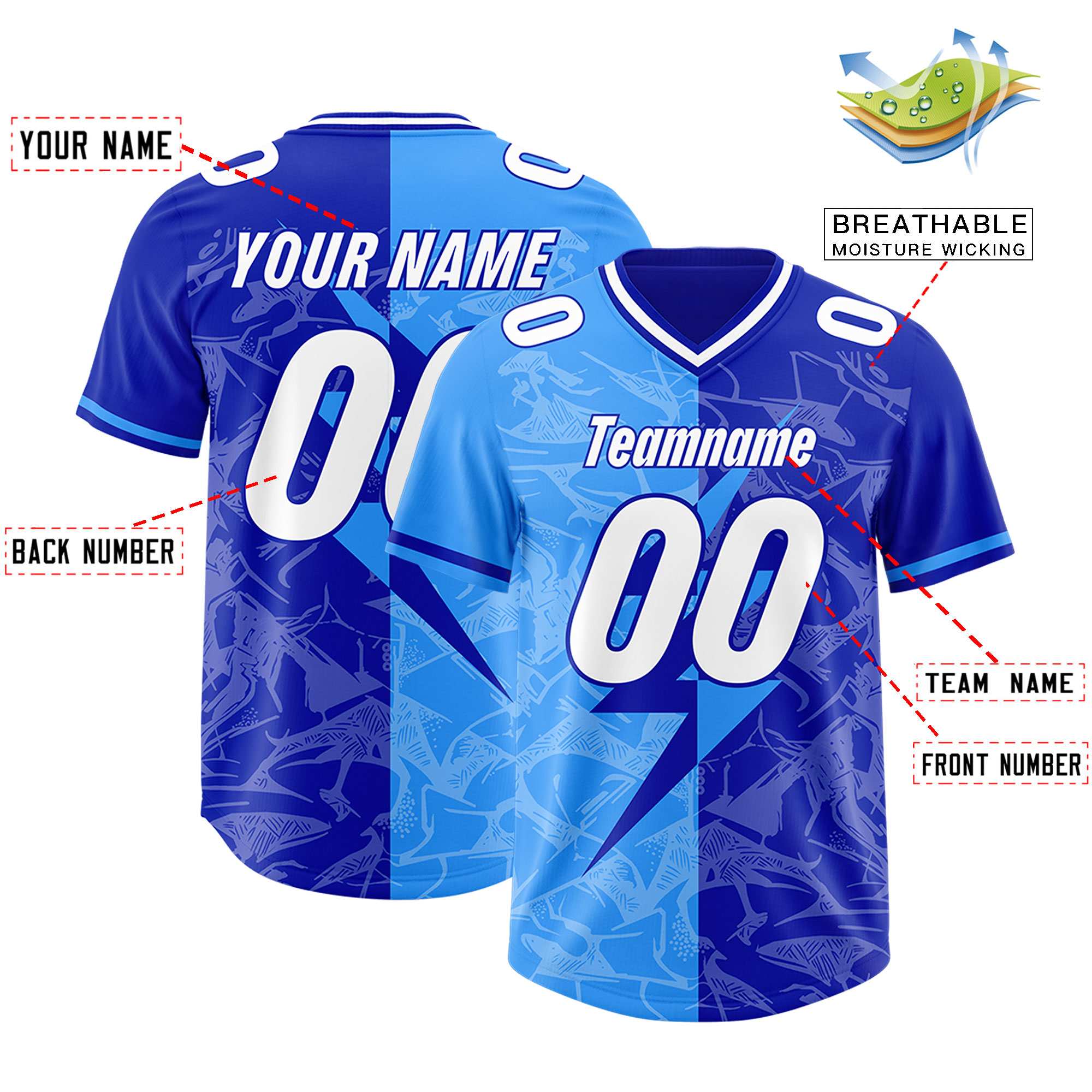Custom Royal Light Blue Split Personalized Lightning Pattern American Football Jersey