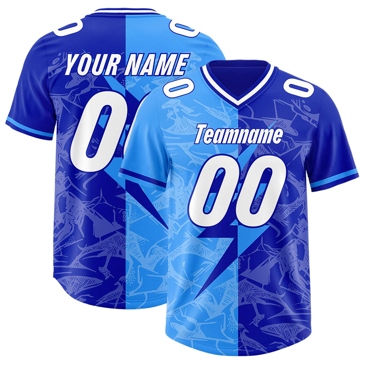 Custom Royal Light Blue Split Personalized Lightning Pattern American Football Jersey