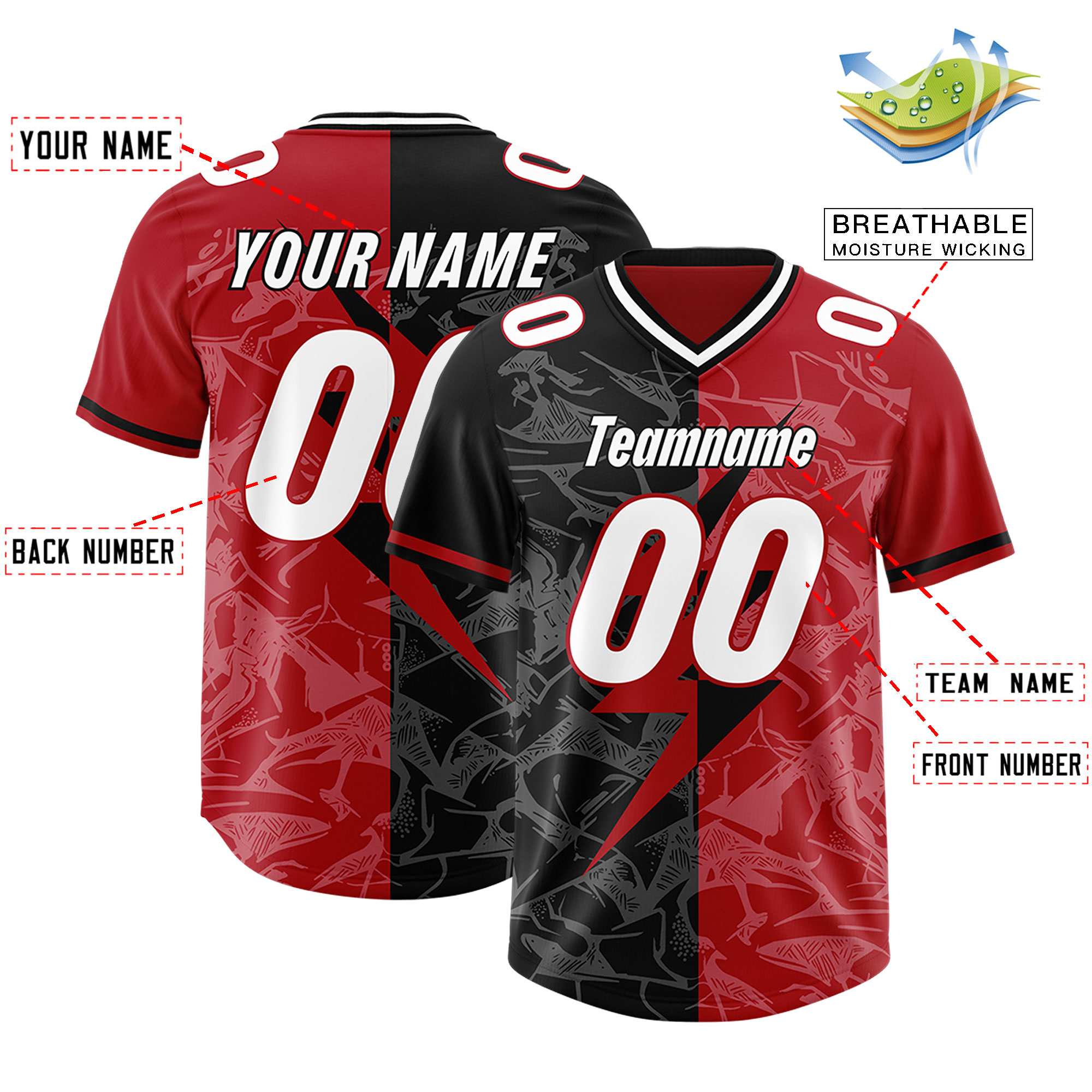 Custom Black Red Split Personalized Lightning Pattern American Football Jersey