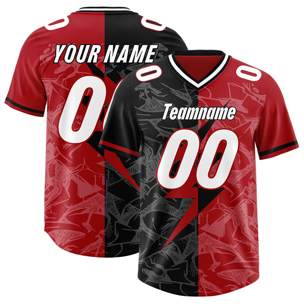 Custom Black Red Split Personalized Lightning Pattern American Football Jersey