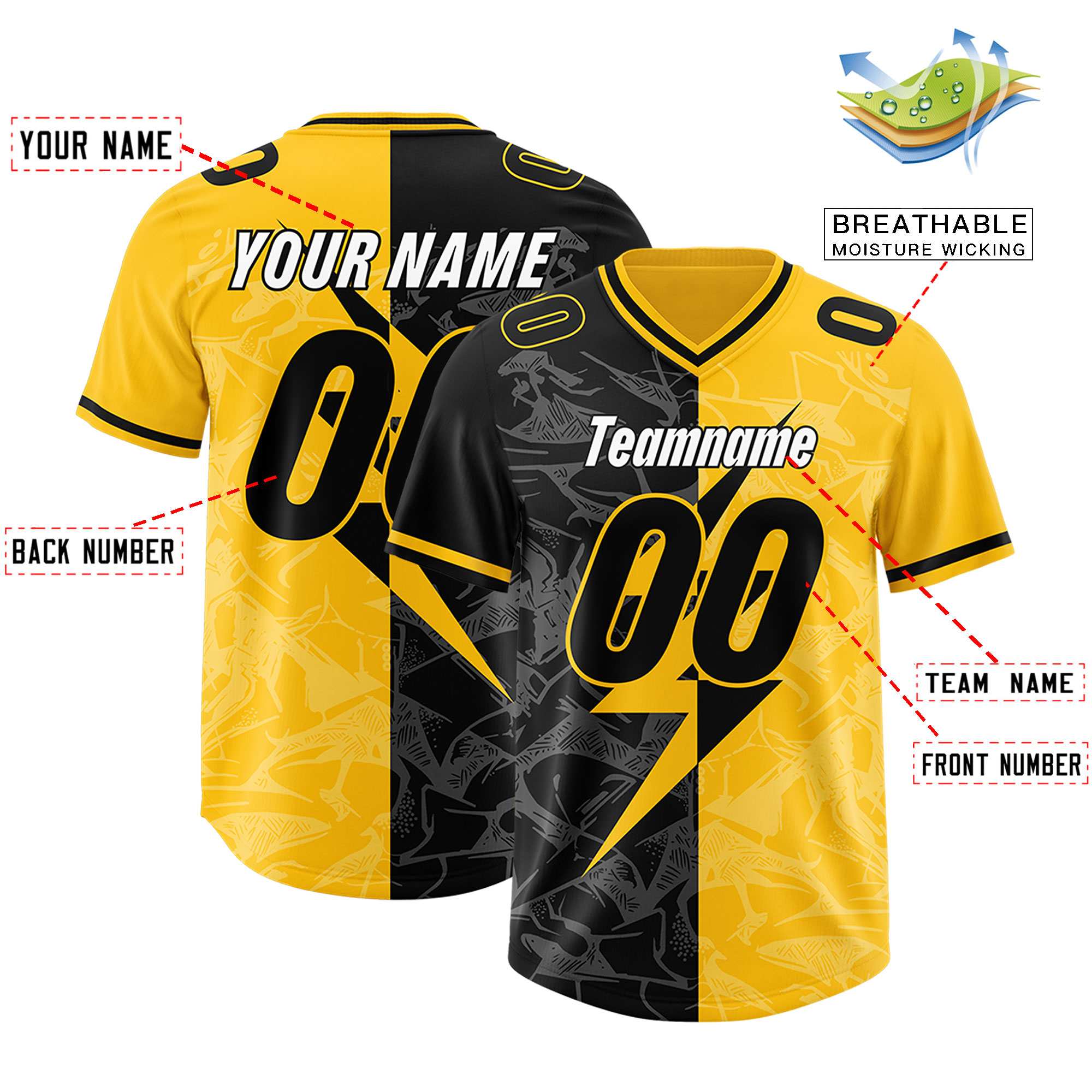 Custom Yellow Black Split Personalized Lightning Pattern American Football Jersey