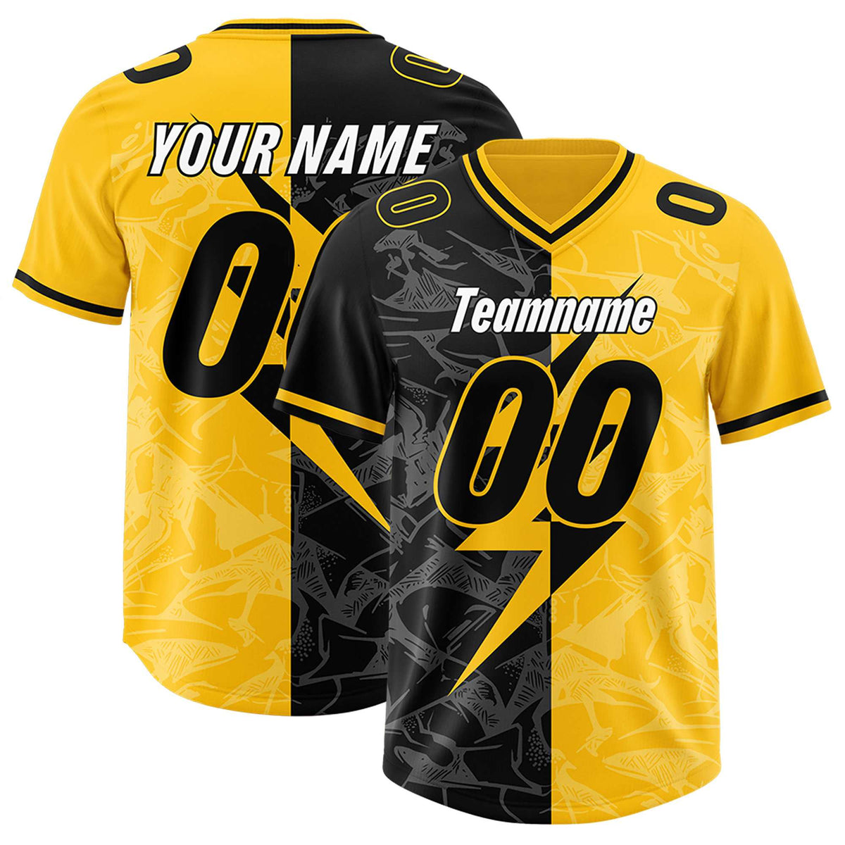 Custom Yellow Black Split Personalized Lightning Pattern American Football Jersey