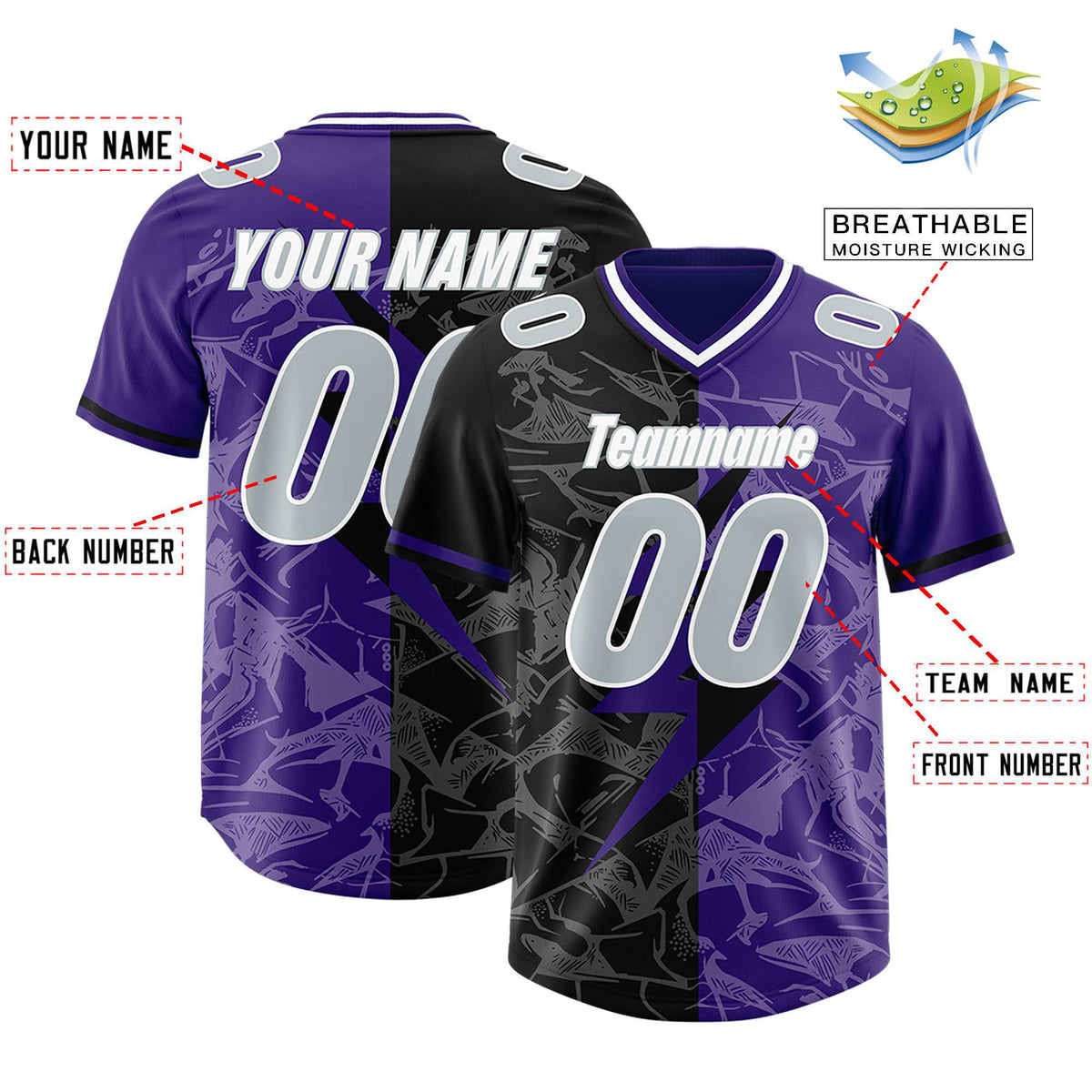 Custom Purple Black Split Personalized Lightning Pattern American Football Jersey