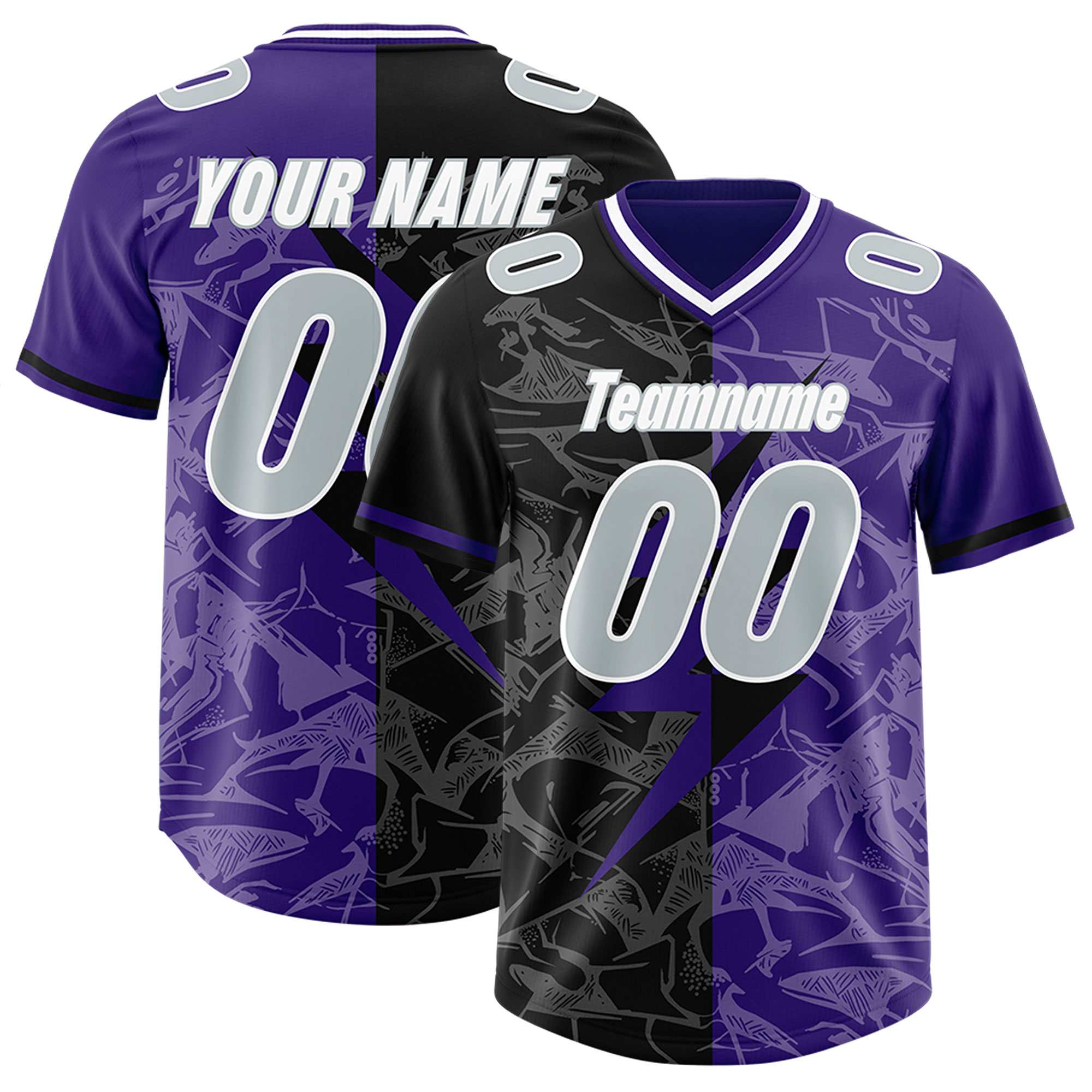 Custom Purple Black Split Personalized Lightning Pattern American Football Jersey