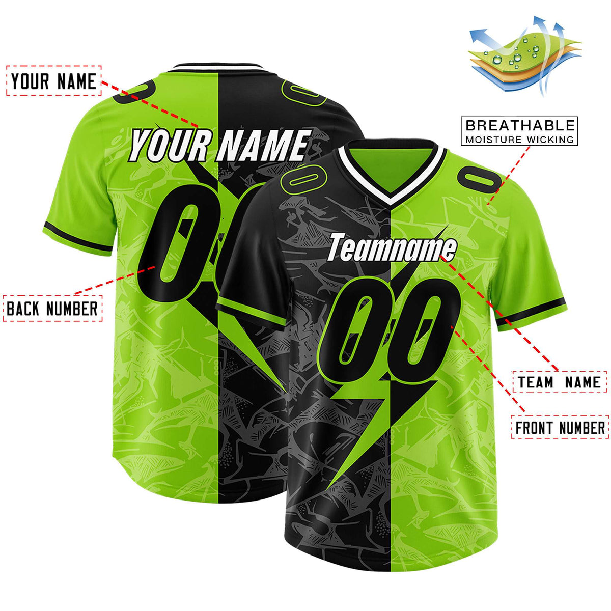 Custom Neon Green Black Split Personalized Lightning Pattern American Football Jersey