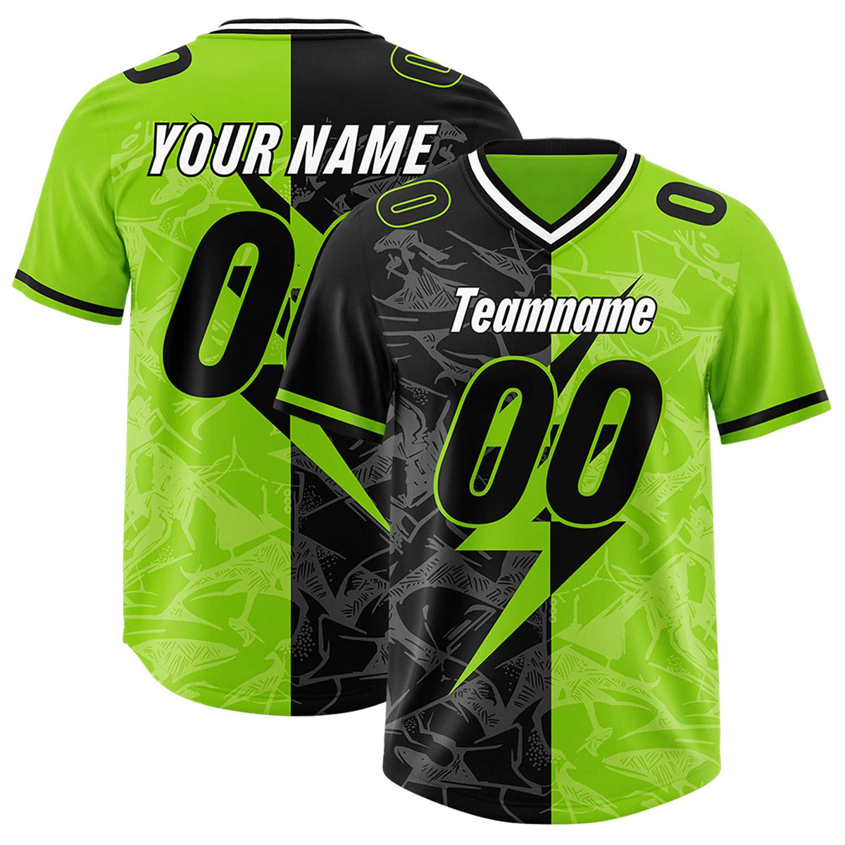 Custom Neon Green Black Split Personalized Lightning Pattern American Football Jersey
