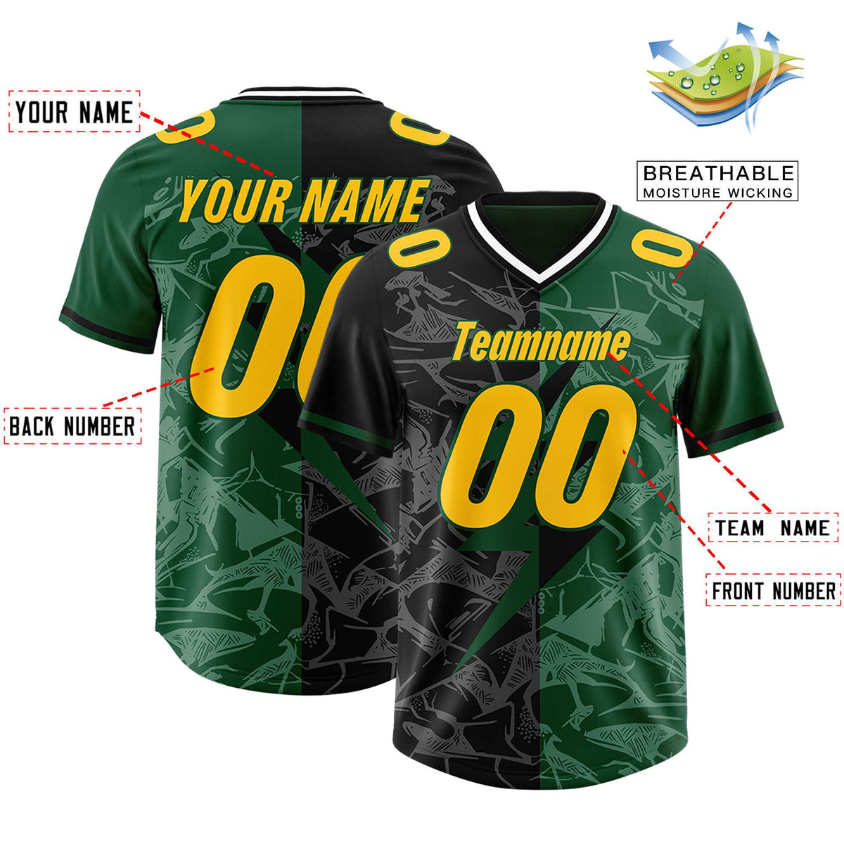 Custom Black Green Split Personalized Lightning Pattern American Football Jersey