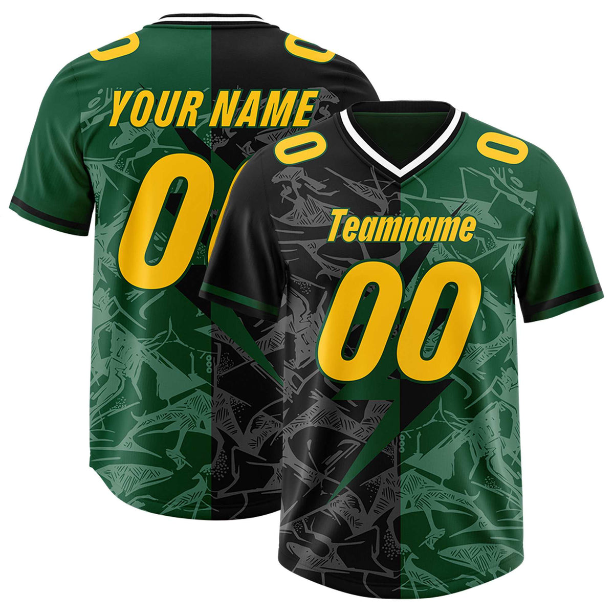 Custom Black Green Split Personalized Lightning Pattern American Football Jersey