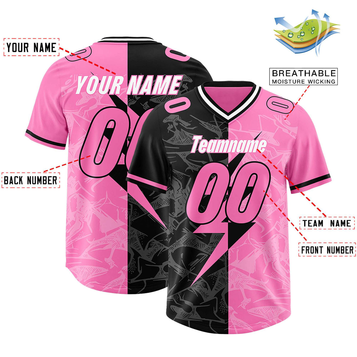 Custom Pink Black Split Personalized Lightning Pattern American Football Jersey