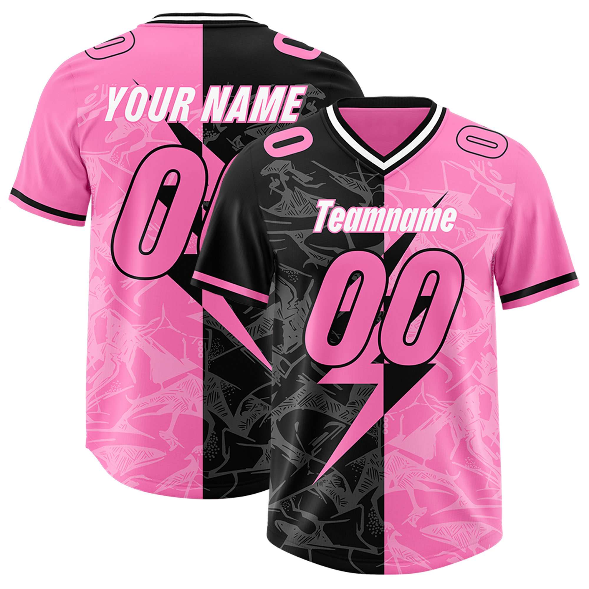 Custom Pink Black Split Personalized Lightning Pattern American Football Jersey
