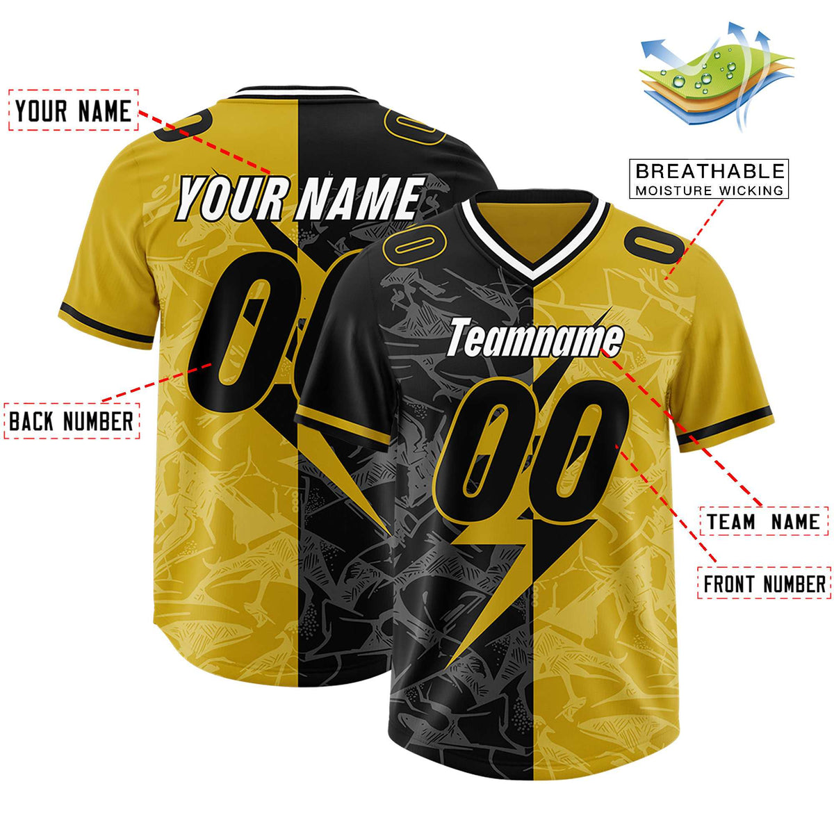 Custom Old Gold Black Split Personalized Lightning Pattern American Football Jersey