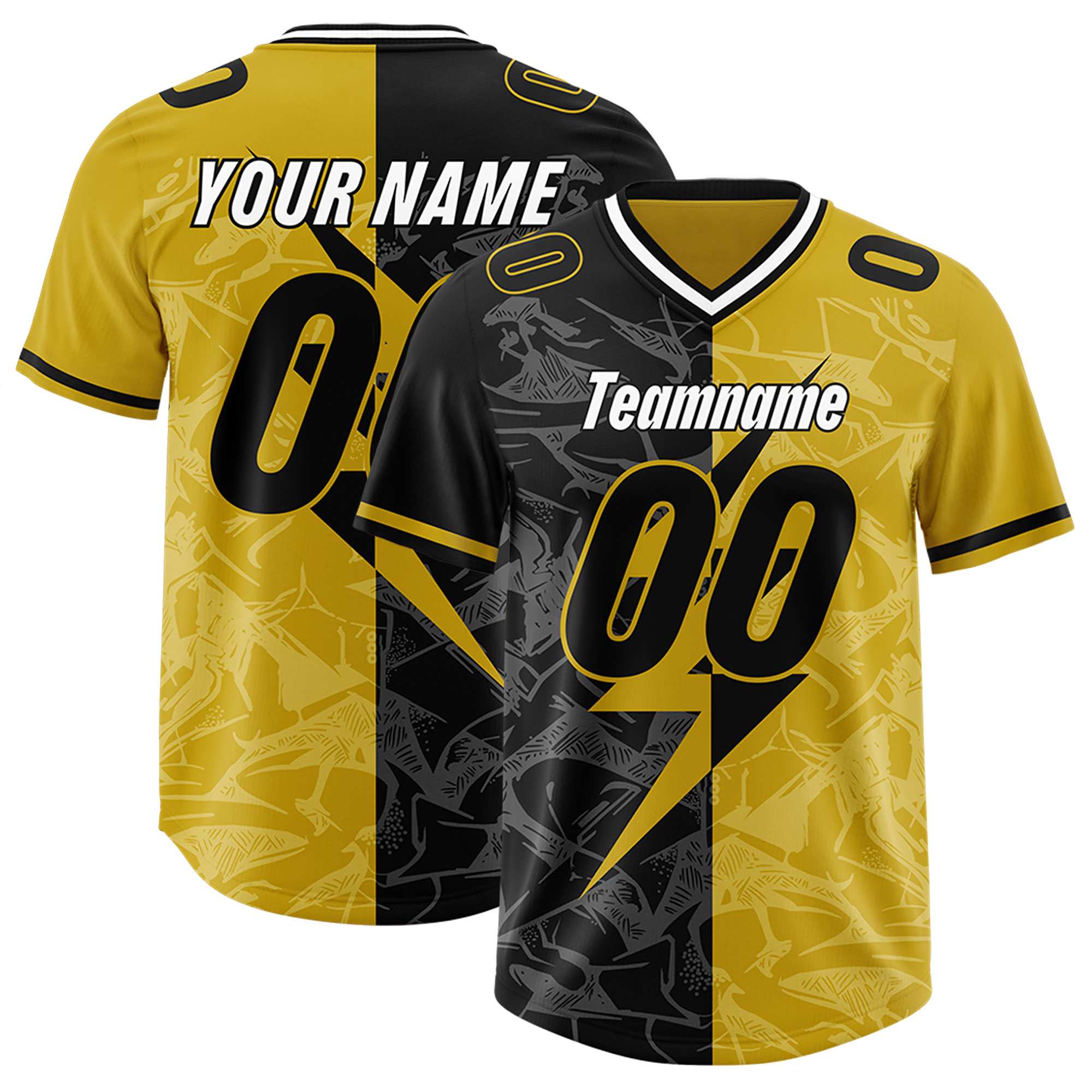 Custom Old Gold Black Split Personalized Lightning Pattern American Football Jersey